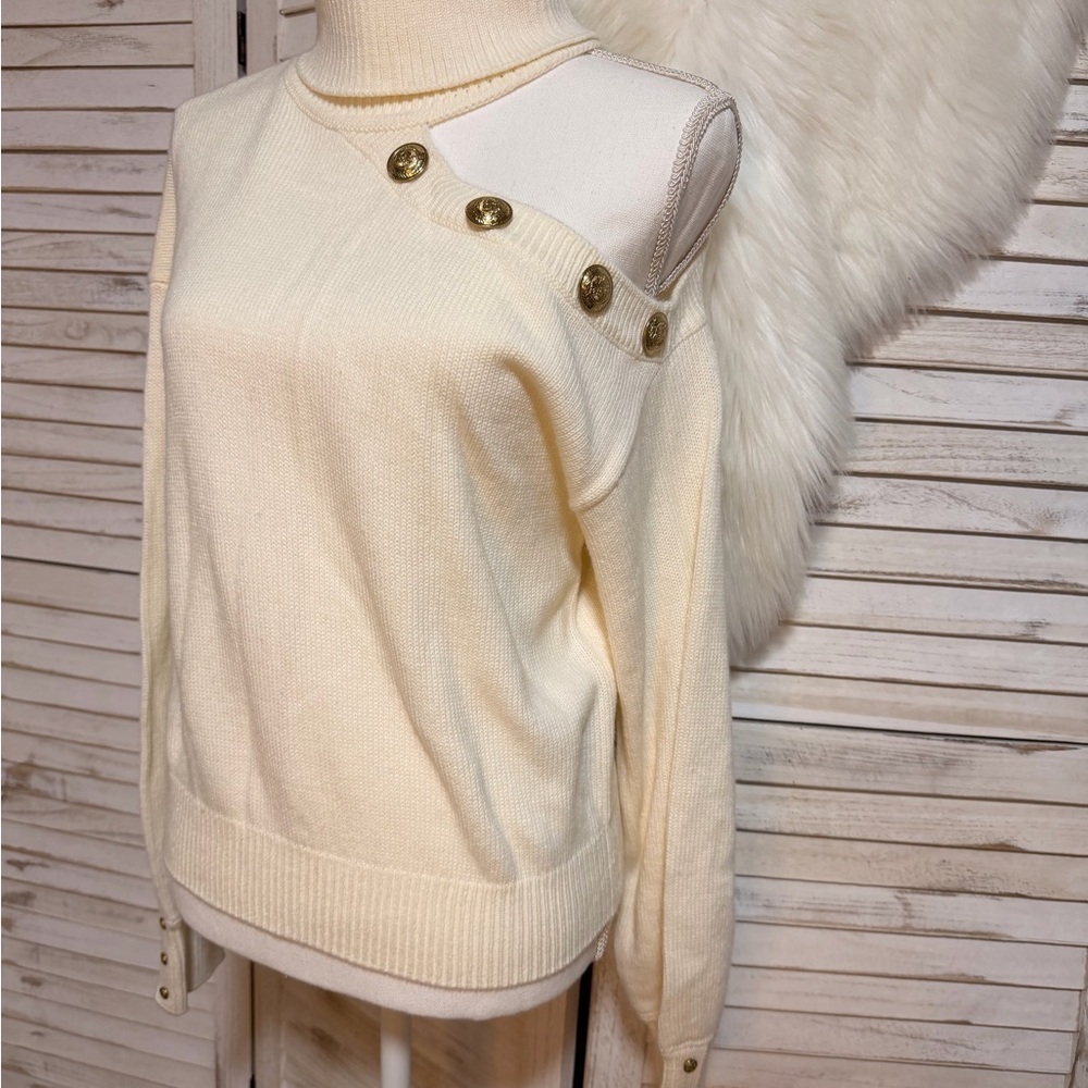 Elan Cream Off-the-Shoulder Sweater with Gold Buttons